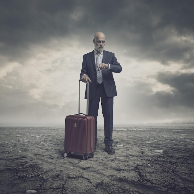 corporate businessman waiting and checking the time he is traveling through a barren land climate change and environmental disaster concept