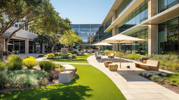 Corporate campus courtyard with shaded seating and manicured lawns providing a relaxing outdoor space for employees