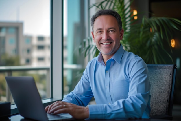 Corporate Charm Smiling Professional in Serene Workspace