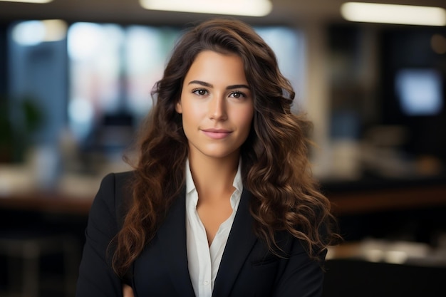 Corporate Chic Woman in Suit Standing and Smiling in Office Generative AI