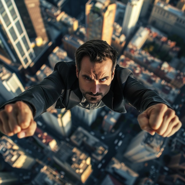 Foto corporativo crociato supereroe uomo d'affari che vola in alto