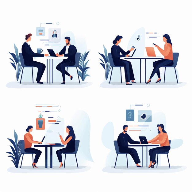 Photo corporate discussion and collaboration vector illustration set of colleagues meeting