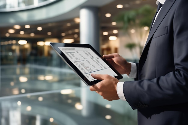 Photo corporate executive analyzing financial statistics on a tablet