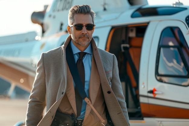 Photo a corporate executive arriving at a business meeting via private helicopter disembarks with style and sophistication