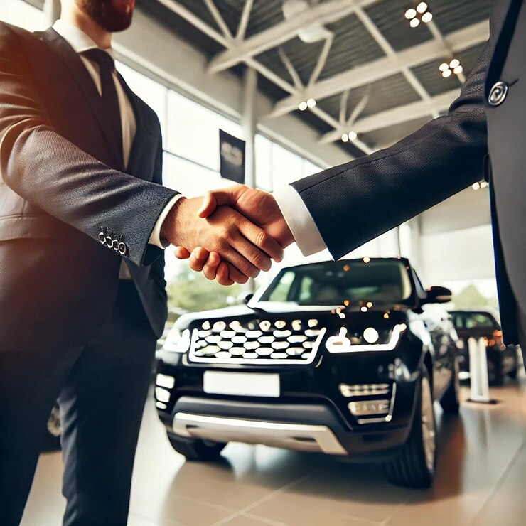 Corporate Executives Sealing a Car Deal with a Handshake New Car Background