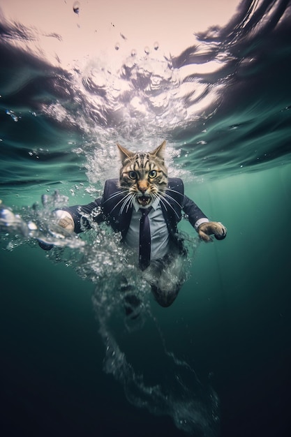 Photo corporate feline plunge suited cat in underwater surprise