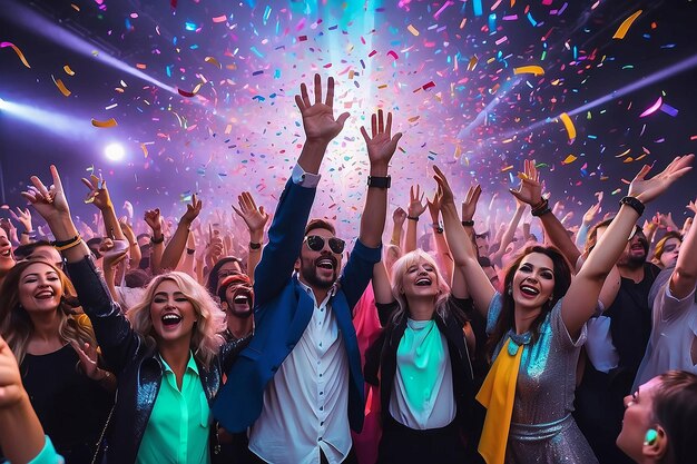 Photo corporate festival buddies on neon modern disco with flying confetti hands up