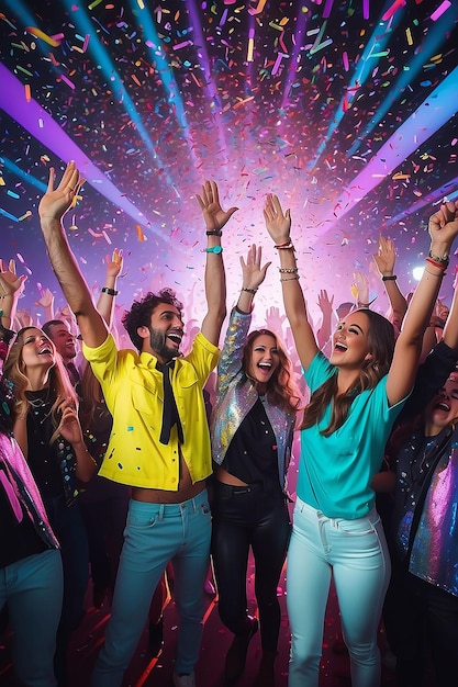 Photo corporate festival buddies on neon modern disco with flying confetti hands up