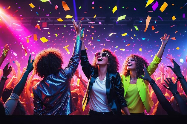 Corporate festival vrienden op neon moderne disco met vliegende confetti handen omhoog