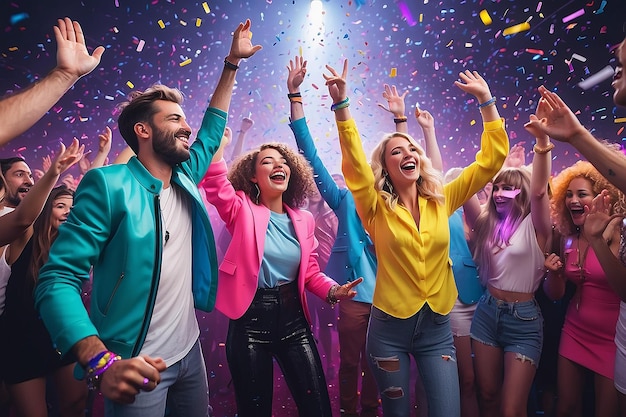 Corporate festival vrienden op neon moderne disco met vliegende confetti handen omhoog