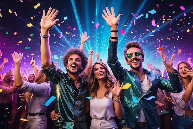 Corporate festival vrienden op neon moderne disco met vliegende confetti handen omhoog