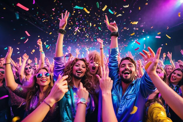 Corporate festival vrienden op neon moderne disco met vliegende confetti handen omhoog