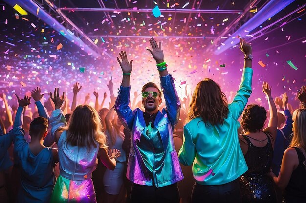 Corporate festival vrienden op neon moderne disco met vliegende confetti handen omhoog