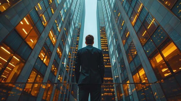 Corporate Figure Observing Towering Metropolitan Building