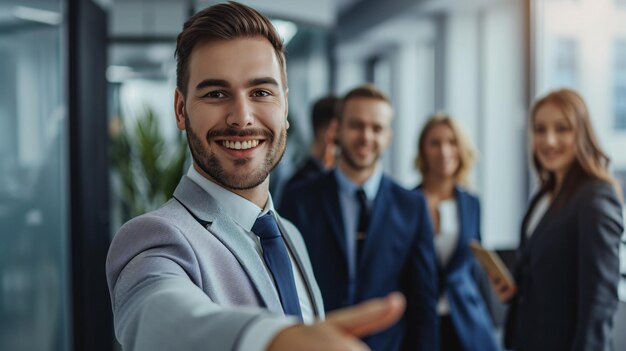 Corporate headshot of CEO greeting fresh staff member to his corporate team and organization extending hand forward in contemporary workplace with coworkers in the backdrop