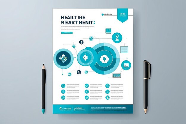 Photo corporate healthcare cover back page a4 template and flat icons for a report and brochure design flyer banner