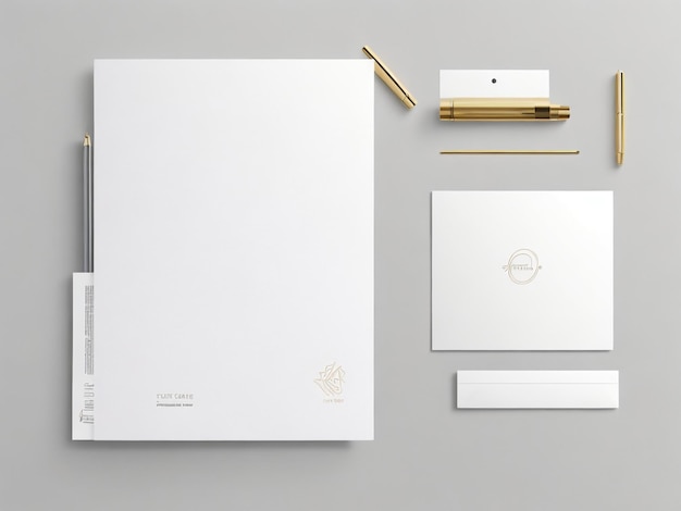 Corporate identity stationery set on grey background Top view