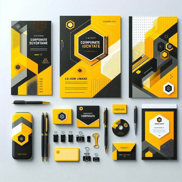 Photo corporate identity template set business stationery mockup with logo branding design notebook card catalog pen pencil badge tablet pc mobile phone letterhead