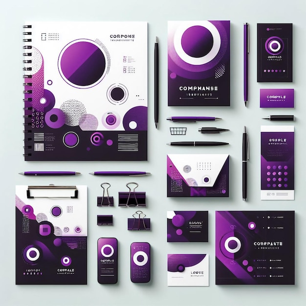 Photo corporate identity template set business stationery mockup with logo branding design notebook card catalog pen pencil badge tablet pc mobile phone letterhead