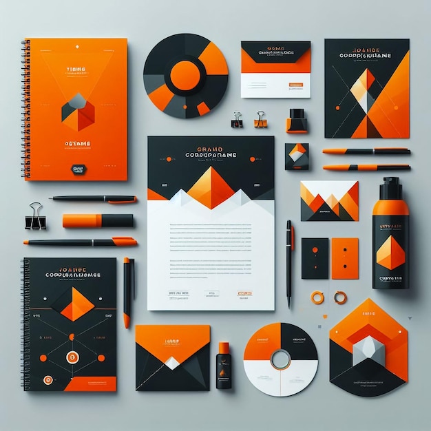 Photo corporate identity template set business stationery mockup with logo branding design notebook card catalog pen pencil badge tablet pc mobile phone letterhead