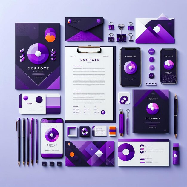 Corporate identity template set Business stationery mockup with logo Branding design Notebook card catalog pen pencil badge tablet pc mobile phone letterhead