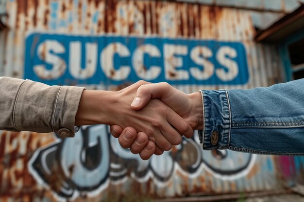 Photo corporate image of hands shaking hands in the background a sign that says success ai generative