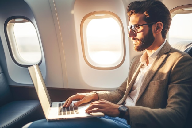 Corporate jetsetter Businessman's laptop work en route