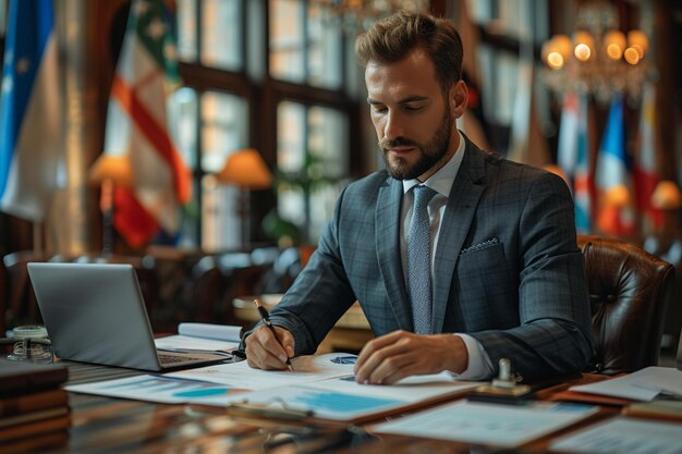 Photo corporate lawyer reviewing international trade agreements legal documents and flags blur