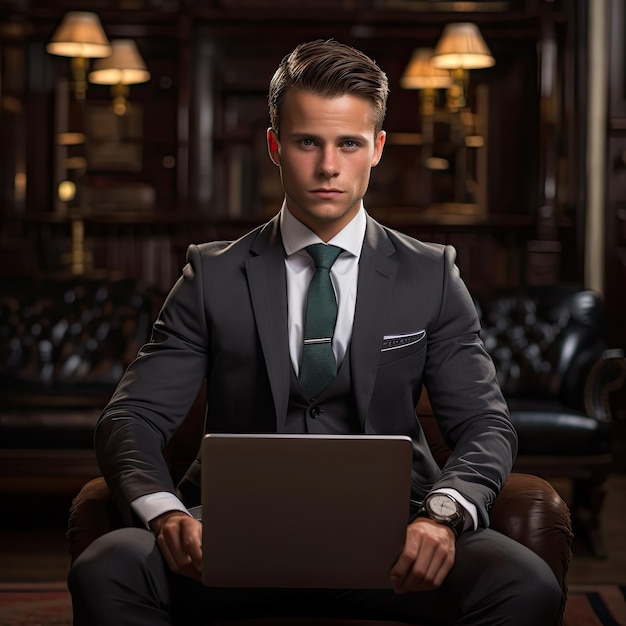 Corporate man met een pak en een stijlvolle stropdas zit met een laptop