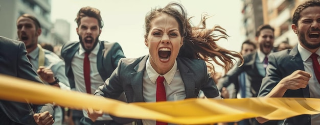 Foto corporate marathon triomf groep zakenlieden in pakken die de eindstreep oversteken die de strijd voor succes belichaamt vastberadenheid en teamwerk in de competitieve wereld van het bedrijfsleven en daarbuiten