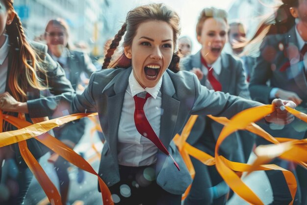 Foto corporate marathon triomf groep zakenlieden in pakken die de eindstreep oversteken die de strijd voor succes belichaamt vastberadenheid en teamwerk in de competitieve wereld van het bedrijfsleven en daarbuiten