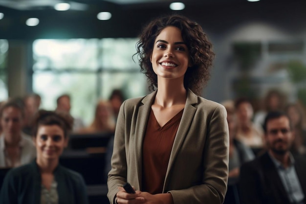 Corporate Meeting Room Zelfverzekerde en mooie vrouwelijke uitvoerend directeur leunt resoluut op de vergadertafel en levert rapport aan een raad van bestuur over de generatieve AI van het bedrijf