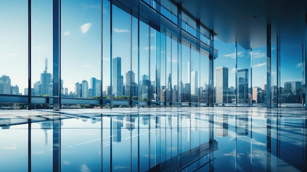 Corporate office building background with a sleek glass facade reflecting the surrounding cityscape standing tall against a clear blue sky