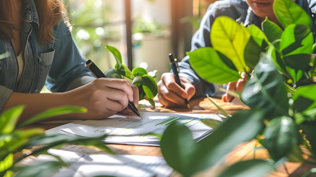 Foto i partner aziendali firmano un accordo sostenibile verde che dimostra la responsabilità ambientale nelle imprese