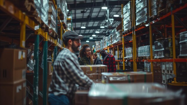 Photo corporate photo shoot of a group of people of mixed gender and race working in a warehouse warehous