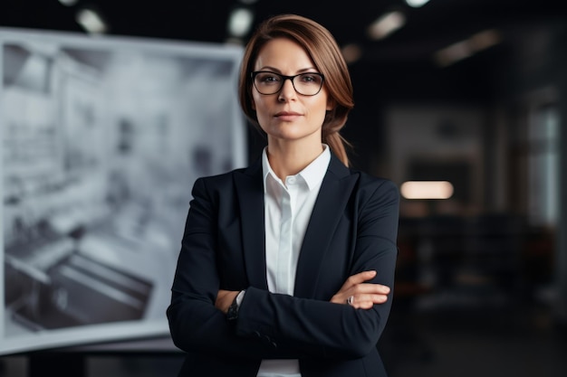 Corporate portrait woman caucasian confident businesswoman posing in office company indoors hands