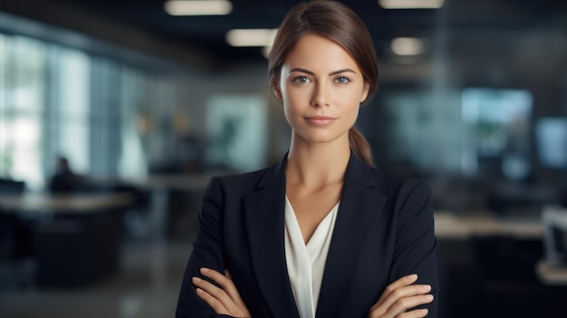 Corporate portrait woman caucasian confident businesswoman posing in office hands crossed