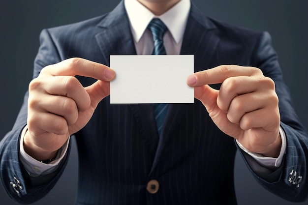 Corporate presentation Businessman holds blank card on grunge background