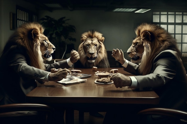 Корпоративные рычащие львы участвуют в горячих деловых дебатах