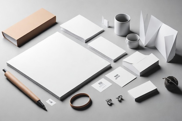 Photo corporate stationery set mockup at white textured paper background