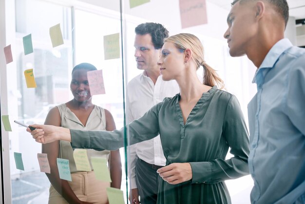 Corporate sticky notes and business people planning a team mission project or growth of business plan Diversity collaboration and creative employees having a strategy idea and solution meeting