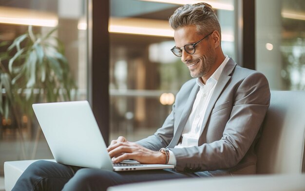 Corporate Success Smiling Businessman in Lobby