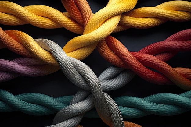 Corporate symbol for cooperation and collaboration joining diverse ropes as a business metaphor for