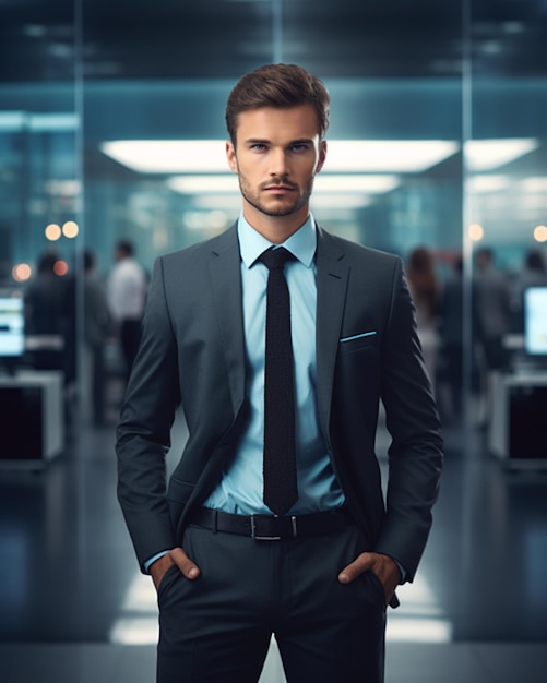 Foto giovane uomo d'affari attraente in piedi contro lo sfondo dell'ufficio