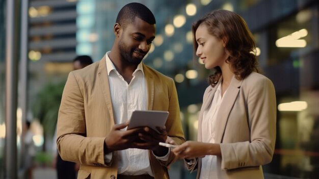 태블릿을 들고 있는 기업 잠비아 남자와 서 있는 여자