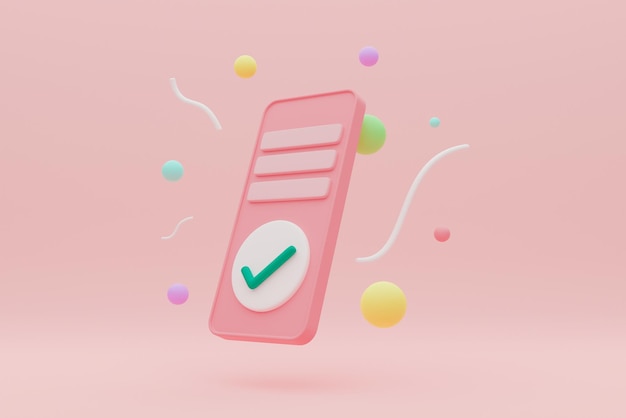 写真 ピンクのパステル調の背景にスマートフォンの画面に正しいチェックマークと通知最小限の 3 d レンダリング ソーシャル ネットワークと技術の概念