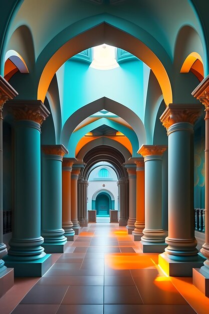 corridor of the church Archway Long Hallway Architectural Columns Teal and Orange Lighting Cloi