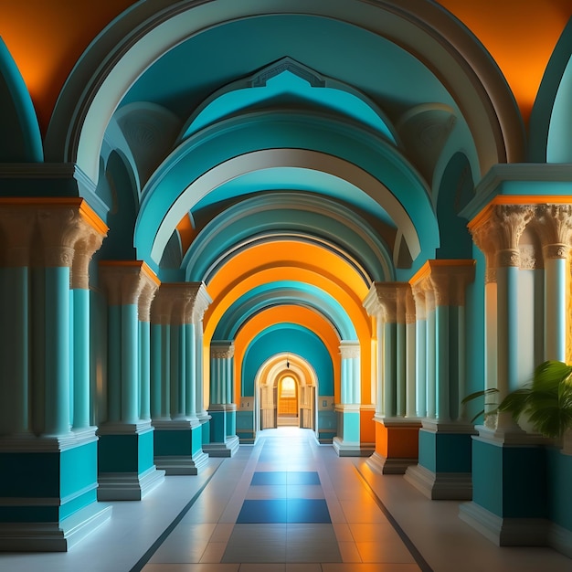 corridor of the church Archway Long Hallway Architectural Columns Teal and Orange Lighting Cloi