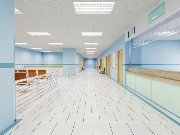 Corridor in the clinic with waiting areas for patients with an office for a doctor in white