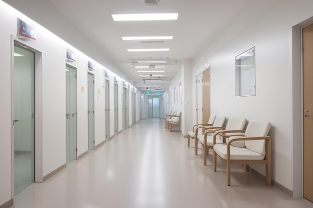 Photo corridor in the clinic with waiting areas for patients with an office for a doctor in white